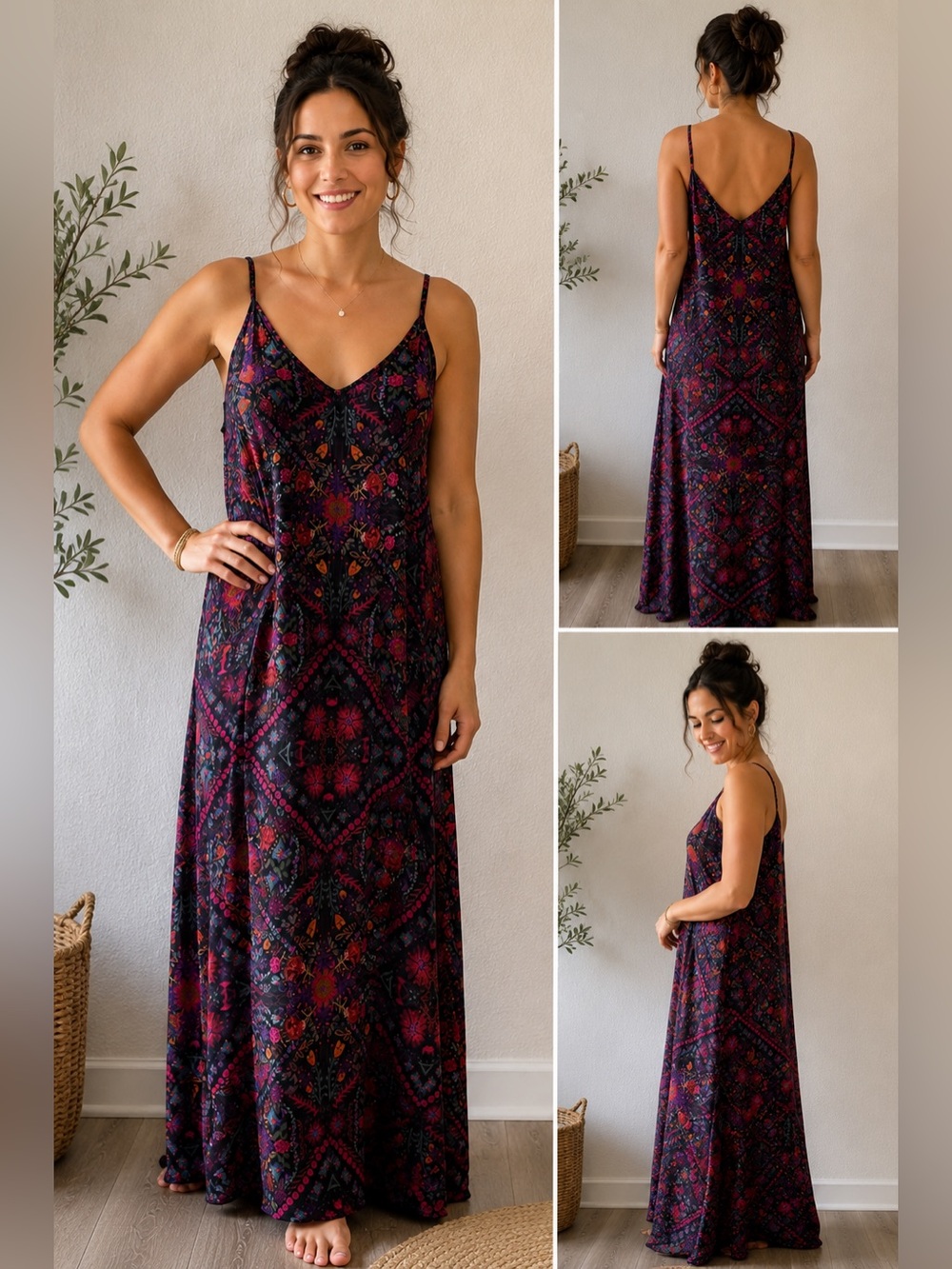 Natural Life Maxi Dress L Boho Floral Resort Strappy Rayon whimsical Cottagecore